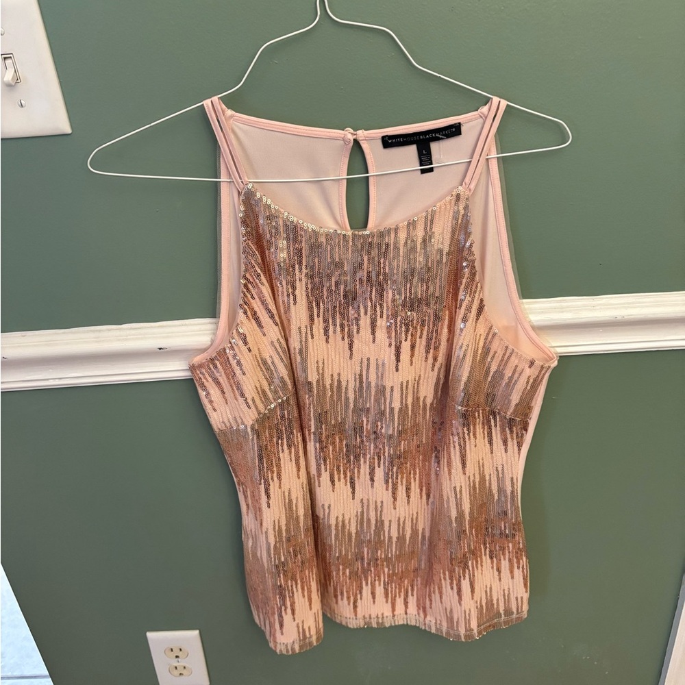 White House Black Market Pink and Gold Sequin Blouse
